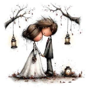 May include: A watercolour illustration depicts a bride and groom in an embrace, holding hands. The bride is in a white lace wedding dress, holding a bouquet. The groom wears a grey suit. Lanterns hang from tree branches. The text "TRUE 500 DP" is visible.