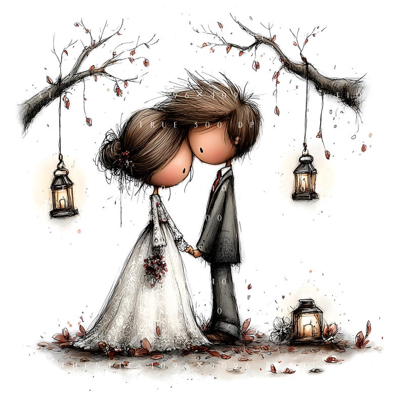May include: A watercolour illustration depicts a bride and groom in an embrace, holding hands. The bride is in a white lace wedding dress, holding a bouquet. The groom wears a grey suit. Lanterns hang from tree branches. The text "TRUE 500 DP" is visible.