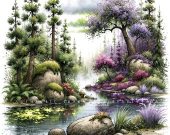 36 Enchanted Forest Landscape Clipart Bundle, Whimsical Green & Purple Scenes, Printable Art, Papercraft, Junk Journal, High-Quality JPGs