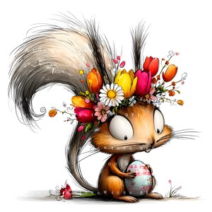 May include: A whimsical illustration of a squirrel holding a decorated Easter egg. The squirrel wears a floral crown of tulips and daisies. The artwork features a detailed tail and a soft color palette, perfect for spring.