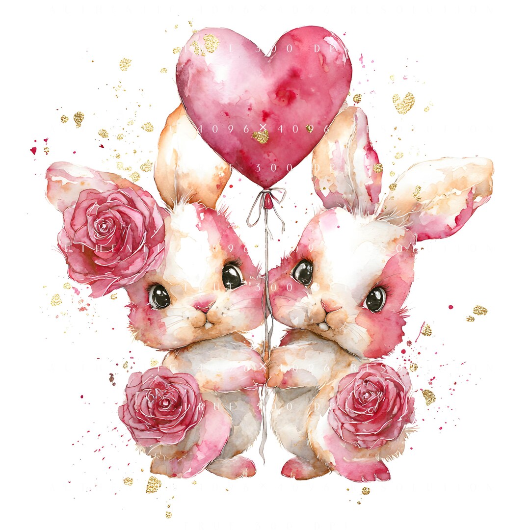 Heart Cards Rabbit 20 Valentine Bunny Clipart, Cute Love Rabbits, Pink Floral Hearts ...