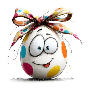 Puede incluir: Un caprichoso huevo de Pascua de dibujos animados con una expresión alegre y un lazo de lunares de colores. El huevo es blanco con ojos grandes y expresivos, una boca sonriente y manchas coloridas.