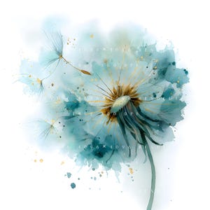 Könnte beinhalten: Aquarellmalerei eines Löwenzahns in Türkis- und Goldtönen. Die zarten Samen der Blume fliegen davon, mit goldenen Akzenten und einem weichen, verschwommenen Hintergrund. Das Bild hat eine verträumte, künstlerische Qualität.