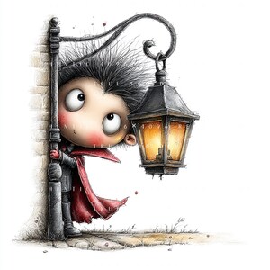 May include: A whimsical illustration of a cartoon vampire boy peeking from behind a brick wall and a vintage street lamp. The boy wears a black suit and a red cape. The lamp has a warm, glowing light.