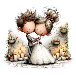 May include: A watercolour illustration of a bride and groom embracing. The bride wears a white wedding dress, and the groom is in a black suit. They are in front of a brick wall with candles and flowers. The image has the text "VIC 1096 X 3000 D" on the top.
