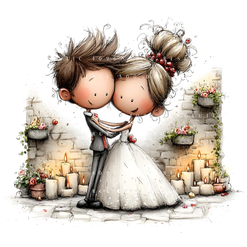May include: A watercolour illustration of a bride and groom embracing. The bride wears a white wedding dress, and the groom is in a black suit. They are in front of a brick wall with candles and flowers. The image has the text "VIC 1096 X 3000 D" on the top.