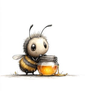 Peut inclure: Illustration fantaisiste d'une abeille de dessin animé avec un pot de miel. L'abeille, avec un corps duveteux et de grands yeux, est appuyée contre le pot en verre. Le pot est rempli de miel doré, avec une petite quantité qui coule.