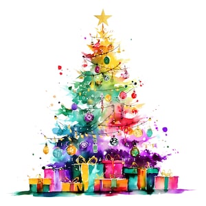 May include: Watercolor illustration of a Christmas tree with colorful ornaments and a gold star on top. The tree is decorated with string lights and sits above a collection of wrapped presents in various colors.