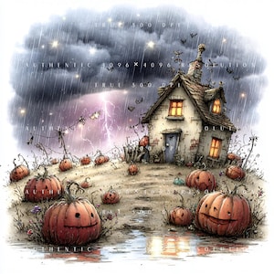 May include: A whimsical Halloween illustration depicts a cottage on a hill surrounded by carved pumpkins. The scene is set during a thunderstorm with lightning, rain, and bats. The cottage has lit windows, and the pumpkins have smiling faces.