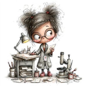 May include: A cartoon illustration of a scientist with messy hair in two buns, wearing large round glasses and a lab coat. The scientist stands at a desk with a lamp, writing on paper, with a microscope, paintbrushes, and scattered documents nearby.