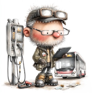 Puede incluir: Una ilustración de dibujos animados de un personaje barbudo con gorra con gafas de protección, gafas graduadas y chaqueta, sosteniendo una tableta. Al lado hay una estación de carga de vehículos eléctricos con cables y un autobús al fondo.
