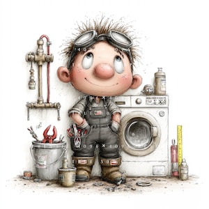 May include: A cartoon illustration of a plumber wearing goggles and dark overalls with an American flag patch. The character stands next to a washing machine, a bucket filled with tools, a yellow ruler, and various plumbing pipes and supplies.