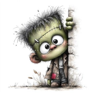 May include: A cartoon illustration of a friendly Frankenstein's monster peeking around a stone wall. The monster has green skin, black hair, and large, expressive eyes. It wears a brown jacket with a red patch and gray pants. The image has a whimsical, Halloween theme.
