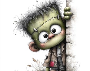 35 Whimsical Halloween Clipart Bundle, Cute Side Peeking Spooky Characters Set, Printable Art, Papercraft, Junk Journal, High-Quality JPGs