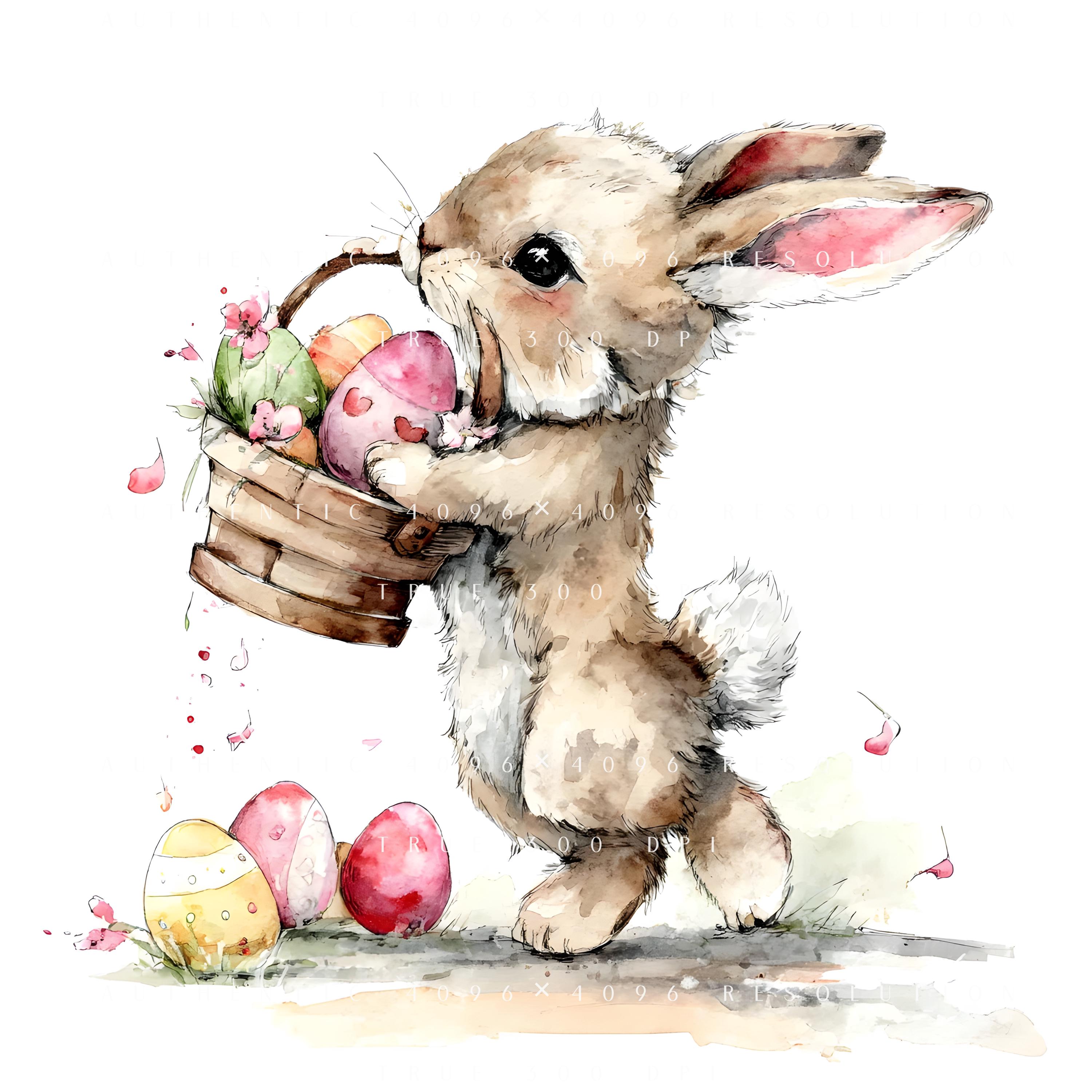 30 Easter Bunny Watercolor Clipart, Cute Spring Rabbit With Eggs ...