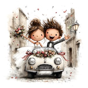May include: A watercolour illustration of a wedding scene. A cream-coloured vintage car carries a bride and groom, decorated with flowers and ribbons. The bride holds a bouquet, and the groom waves. The background shows a European street.