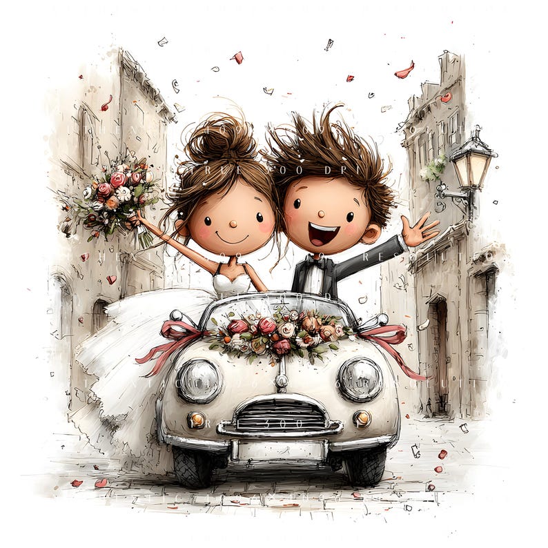 May include: A watercolour illustration of a wedding scene. A cream-coloured vintage car carries a bride and groom, decorated with flowers and ribbons. The bride holds a bouquet, and the groom waves. The background shows a European street.