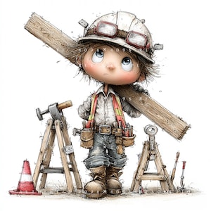 May include: A cartoon illustration of a construction worker wearing a white hard hat with goggles, a light shirt, and a tool belt. The worker carries a wooden plank over one shoulder, standing between two wooden sawhorses and a red traffic cone.