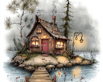 21 Whimsical Wooden Cabin Clipart Bundle, Rainy Cozy Cottage Landscape Set, Printable Art, Papercraft, Junk Journal, High-Quality JPGs
