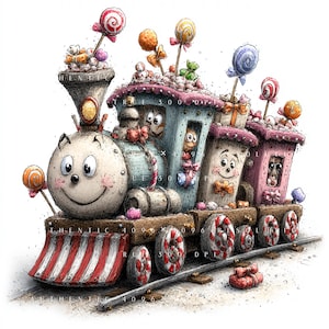 Pode incluir: Uma ilustração de trem de desenho animado caprichosa com uma locomotora sorridente e dois vagões de passageiros decorados com vários pirulitos, doces e laços coloridos. As rodas do trem são projetadas como balas de hortelã e a locomotora tem um limpa-trilhos listrado de vermelho e branco. O texto "AUTHENTIC 4096 X 4096 PIXELS TRUE 300 DPI" está sobreposto na imagem.