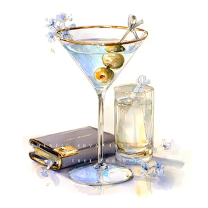Może przedstawiać: Akwarelowa ilustracja martini w szklance ze złotą obwódką z oliwkami, szklanka wody i książka. Martini ma wykałaczkę z kokardką. Książka ma złote akcenty i tekst "HENTIC 4096".
