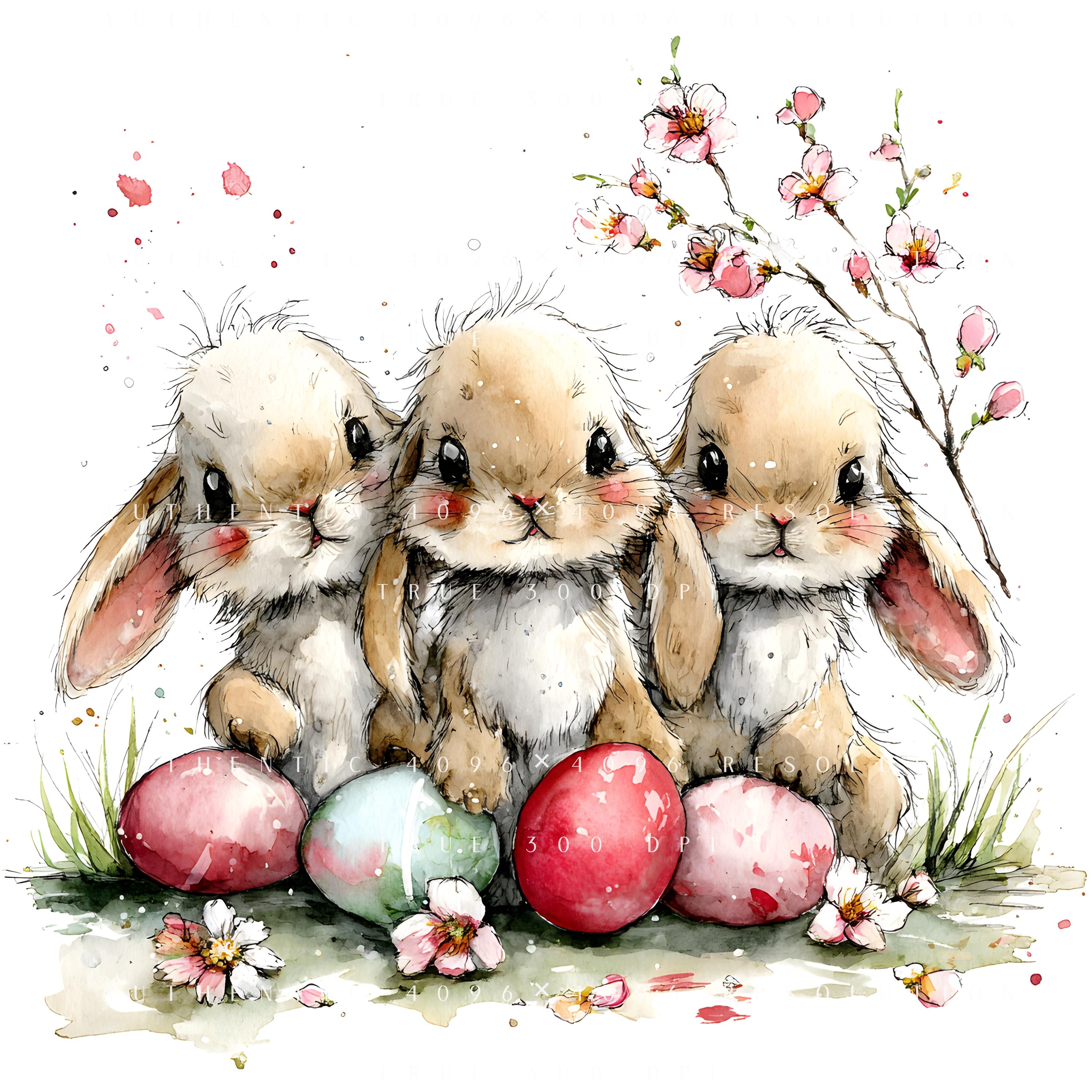 30 Easter Bunny Watercolor Clipart, Cute Spring Rabbit With Eggs ...