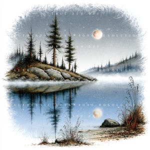 May include: A digital illustration of a moonlit lake scene featuring a rocky island with tall pine trees, a calm water surface reflecting the trees and moon, and foreground vegetation. The image includes repeated text overlays reading TRUE 300 DPI and AUTHENTIC 4096 X 4096 RESOLUTION.