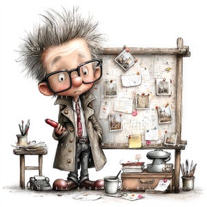 Peut inclure: Une illustration de dessin animé représentant une personne aux cheveux ébouriffés et aux grandes lunettes noires, portant un trench-coat beige et une cravate rouge. Elle se tient devant un tableau en liège avec des photos et des notes épinglées.
