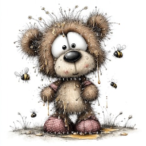 May include: A cartoon illustration of a brown teddy bear covered in honey, with a surprised expression and pink accents. Several bees are flying around the bear. The bear is standing on a patch of grass.