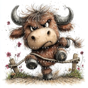 May include: A cartoon illustration of a brown bull with an angry expression, standing in front of a rope fence. The bull has large horns, a light brown snout, and is surrounded by pink flowers and grass.