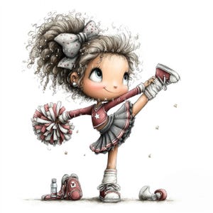 Könnte beinhalten: Eine Cartoon-Illustration einer Cheerleaderin mit lockigem braunem Haar und einer großen Schleife, die eine kastanienbraune und graue Uniform trägt, einen Pompon hält und ein hohes Bein macht. Ein kleiner Rucksack, eine Flasche und ein Megafon.