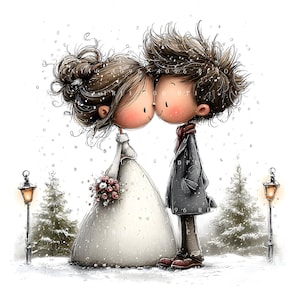May include: A charming illustration of a couple kissing in a snowy setting. The bride is in a white wedding dress, holding a bouquet. The groom wears a grey coat and red scarf. Snow falls, with trees and street lamps in the background.