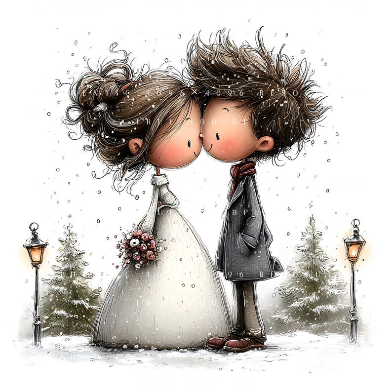 May include: A charming illustration of a couple kissing in a snowy setting. The bride is in a white wedding dress, holding a bouquet. The groom wears a grey coat and red scarf. Snow falls, with trees and street lamps in the background.