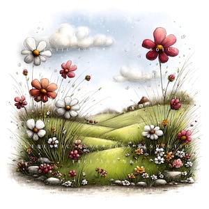 May include: A watercolour illustration depicts a charming landscape with rolling green hills, a blue sky, and fluffy white clouds. The foreground is adorned with colourful flowers in red, pink, orange, and white. A small house is visible in the distance.