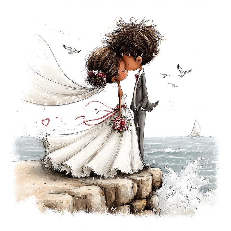 May include: A watercolour illustration of a bride and groom kissing on a cliff overlooking the sea. The bride wears a white wedding dress and veil, holding a bouquet. The groom is in a grey suit. Seagulls and a sailboat are in the background.