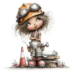 以下が含まれることがあります： 黄色いヘルメットとゴーグル、オーバーオール、作業ブーツを身に着けた若い建設作業員の気まぐれなイラスト。彼女はベルトにツール、交通コーン、青写真を持っています。アートワークは柔らかい水彩画スタイルです。