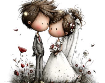 16 Whimsical Wedding Couple Clipart, Bride and Groom Romantic Illustration, Printable Art, Papercraft, Junk Journal, High-Quality JPGs