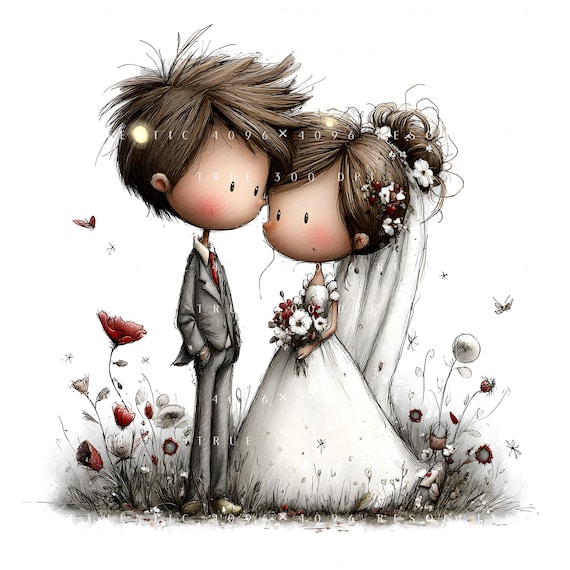 16 Whimsical Wedding Couple Clipart, Bride and Groom Romantic Illustration, Printable Art, Papercraft, Junk Journal, High-Quality JPGs