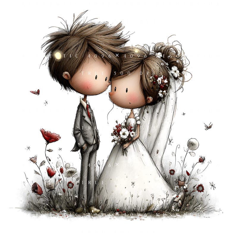 May include: A charming illustration of a wedding couple. The groom is in a grey suit with a red tie, and the bride wears a white gown and veil, holding a bouquet. The image has a soft, watercolour style with flowers and butterflies.