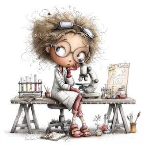 May include: A cartoon illustration of a scientist with messy hair, large round glasses, and goggles, wearing a white lab coat and red gloves. The scientist sits on a stool at a wooden workbench with test tubes, a microscope, and a clipboard.