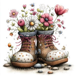 May include: A pair of brown boots with white polka-dot toes and pink laces, serving as a planter for a vibrant bouquet of pink, white, and yellow wildflowers. The boots are surrounded by small, smooth, multi-coloured pebbles on the ground.