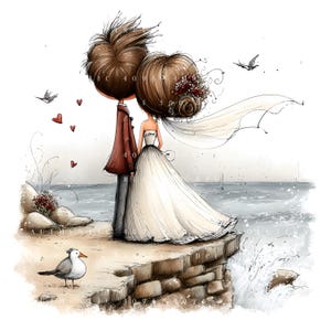 May include: Watercolour illustration of a couple on a cliff overlooking the sea. The bride wears a white strapless gown and veil. The groom wears a red jacket. Red hearts and birds are scattered around the couple. A seagull stands on the beach.