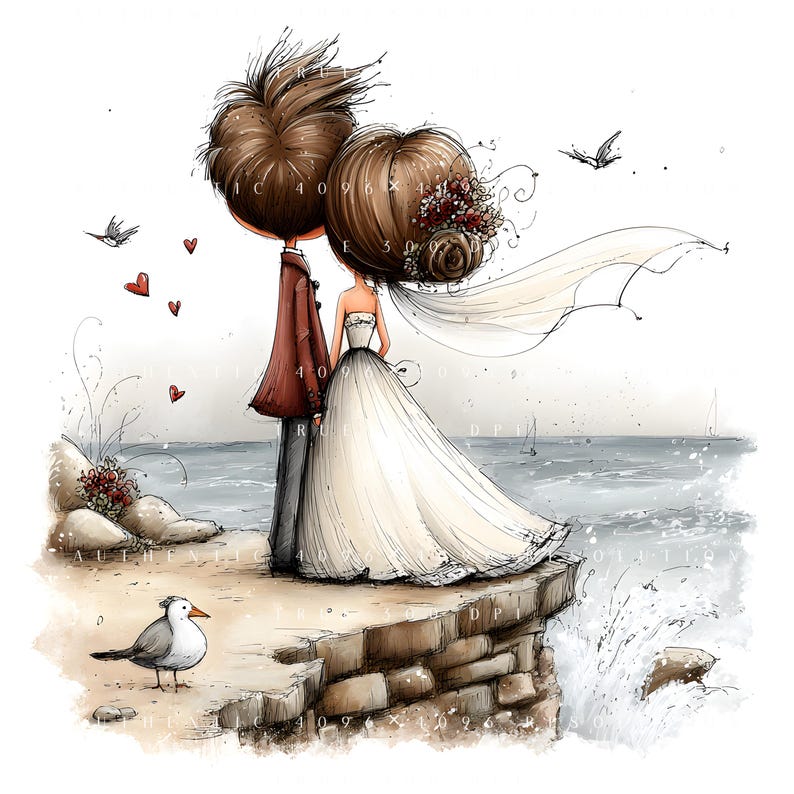 May include: Watercolour illustration of a couple on a cliff overlooking the sea. The bride wears a white strapless gown and veil. The groom wears a red jacket. Red hearts and birds are scattered around the couple. A seagull stands on the beach.