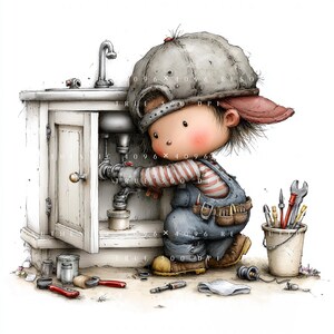 May include: A cartoon illustration of a child wearing a large grey baseball cap and blue overalls, working on the plumbing under a white bathroom vanity. A bucket filled with various metal tools sits nearby on the floor with scattered hardware.