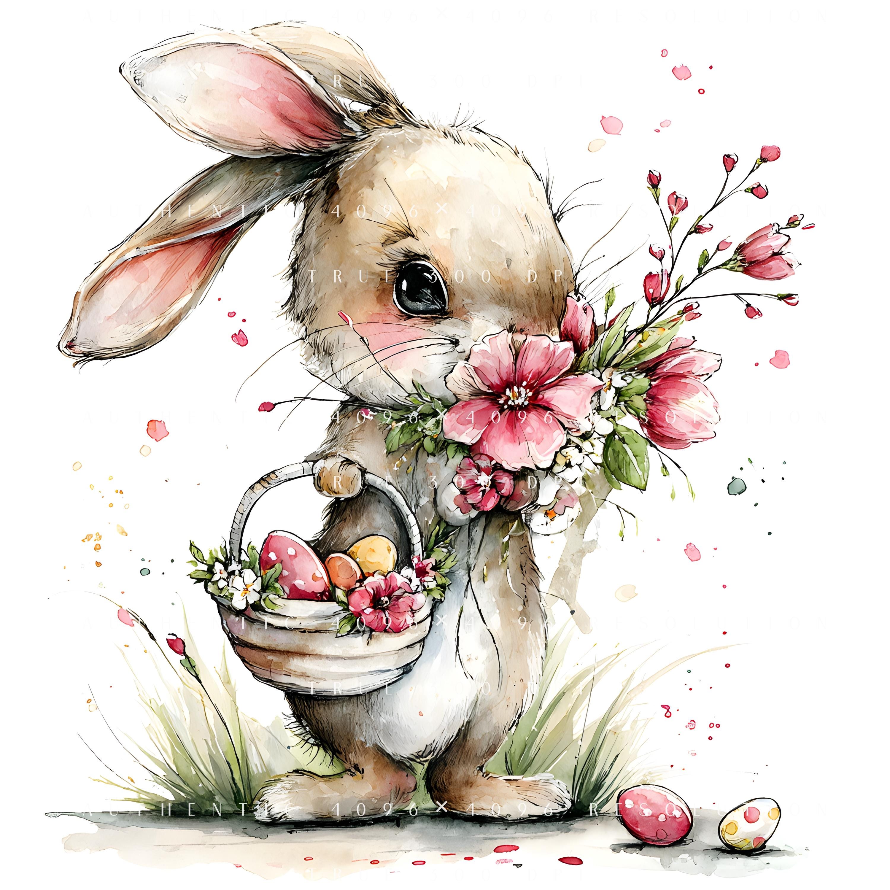 30 Easter Bunny Watercolor Clipart, Cute Spring Rabbit With Eggs ...