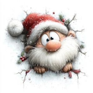 Può includere: Un'illustrazione a cartoni animati di un personaggio di Babbo Natale con un grande cappello rosso, bordo in pelliccia bianca e una soffice barba bianca, che sbuca da una superficie bianca incrinata. Il personaggio ha occhi blu e agrifoglio.