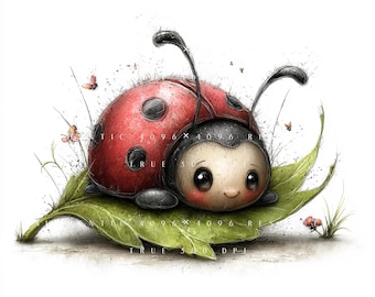 May include: A watercolor illustration of a cute ladybug with a red shell and black spots, resting on a green leaf. The ladybug has a smiling face and large eyes. Small butterflies and grass are in the background.