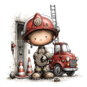 Pode incluir: Uma ilustração digital de um bombeiro com capacete vermelho e uniforme bege, segurando uma mangueira enrolada. Ao lado, há um caminhão de bombeiros vermelho, uma escada alta, dois cones de trânsito laranja e brancos e um prédio de tijolos.