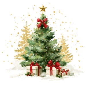 May include: A watercolour illustration of a Christmas tree with a gold star and red bow. White-wrapped presents with red bows are at the base. Gold confetti and two gold trees are in the background. The image has a festive holiday theme.