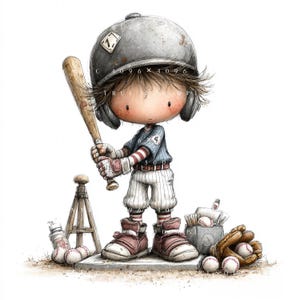 Peut inclure: Une illustration de dessin animé représentant un joueur de baseball portant un casque gris, un maillot bleu avec le numéro 4 et un pantalon à rayures. Le joueur tient une batte en bois. À proximité se trouvent un trépied, un seau de balles.